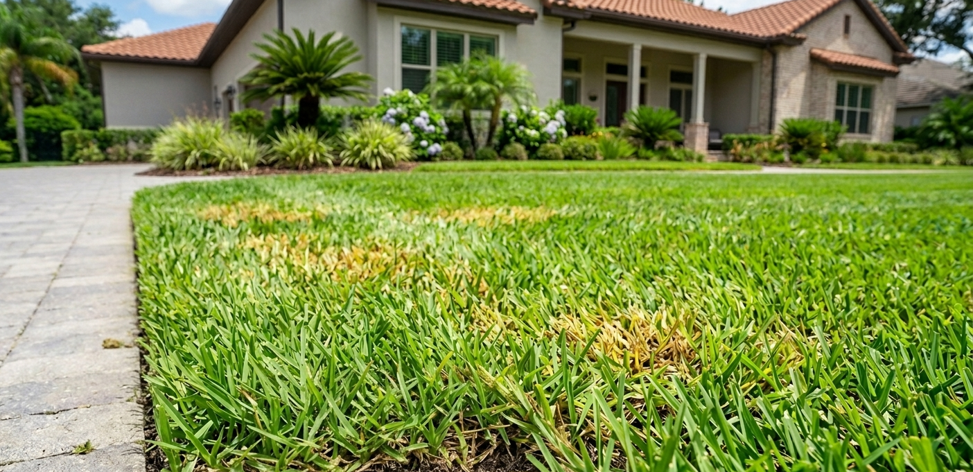 Close-up of an Orlando St. Augustine lawn showing a patchy yellow area from summer pest damage next to a cleanly edged stone driveway.